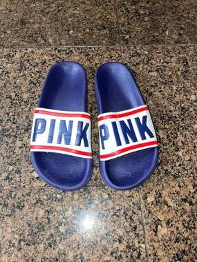 Victoria's Secret PINK Logo Slide Sandals Blue White Red
